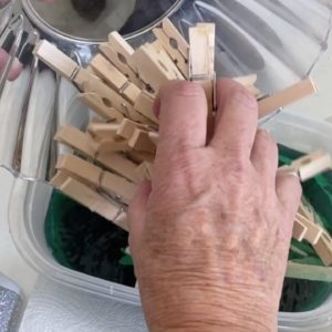 She soaks 50 clothespins in a tub of water to get this beautiful porch accent!